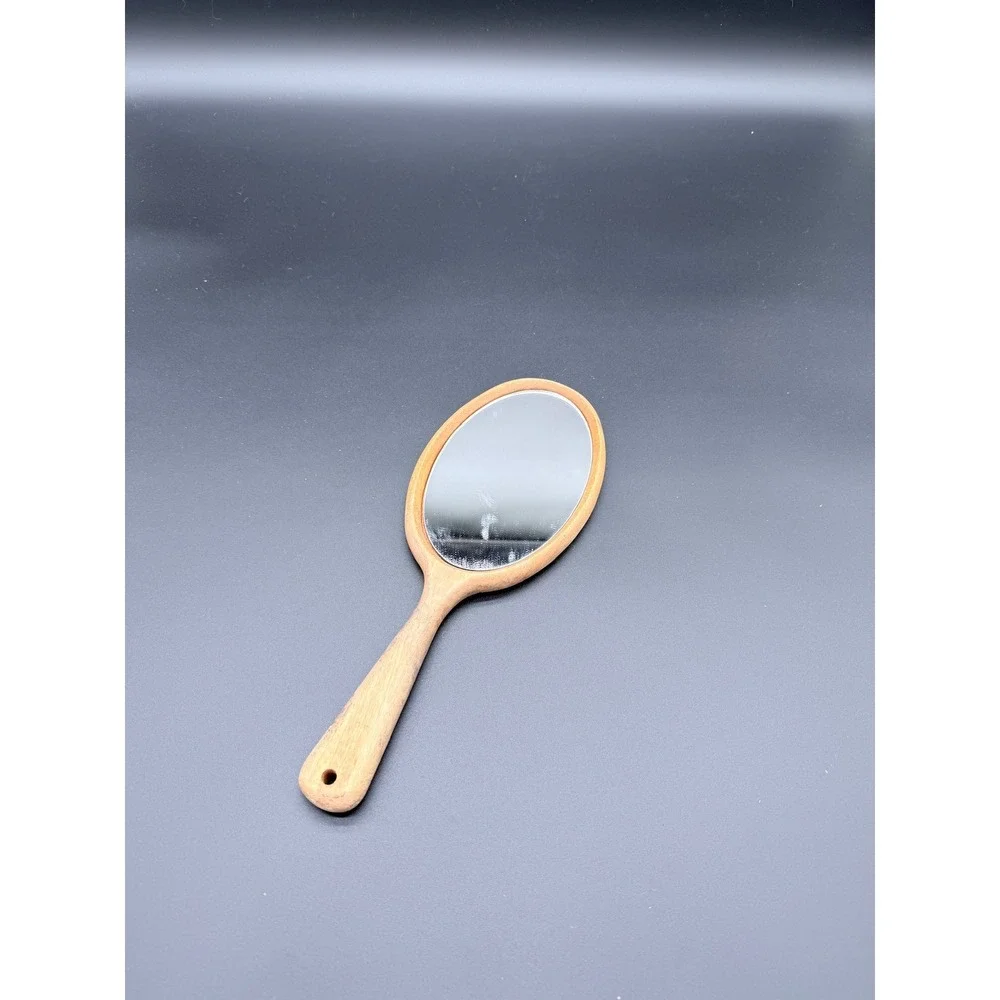Vintage‎ Handheld Wood Mirror Oval Natural Grain Vanity Hand Mirror Brown